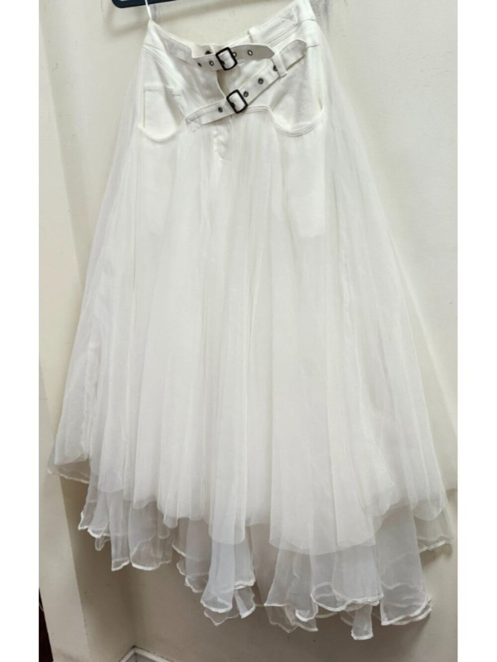 White Tulle Maxi Skirt Buckle Waist Layered Mesh Fairy Grunge Cottagecore S - Picture 5 of 15